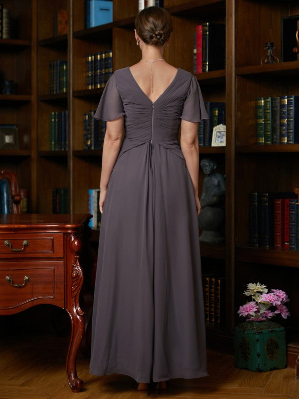 Haven A-Line/Princess Chiffon Ruched V-neck Short Sleeves Floor-Length Mother of the Bride Dresses HLP0020304