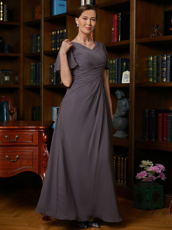 Haven A-Line/Princess Chiffon Ruched V-neck Short Sleeves Floor-Length Mother of the Bride Dresses HLP0020304