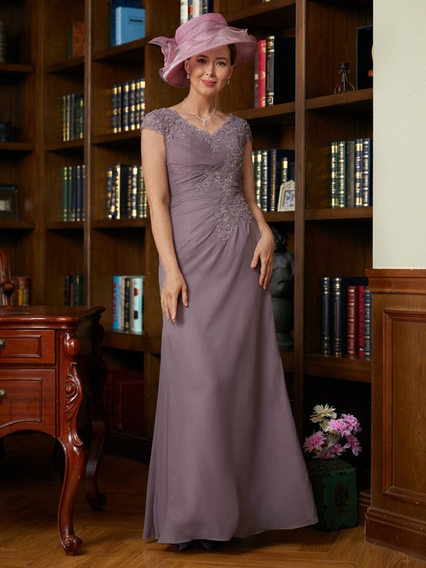 Laci Sheath/Column Chiffon Lace V-neck Short Sleeves Floor-Length Mother of the Bride Dresses HLP0020339