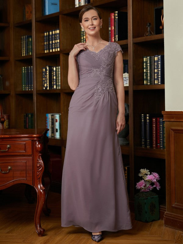 Laci Sheath/Column Chiffon Lace V-neck Short Sleeves Floor-Length Mother of the Bride Dresses HLP0020339