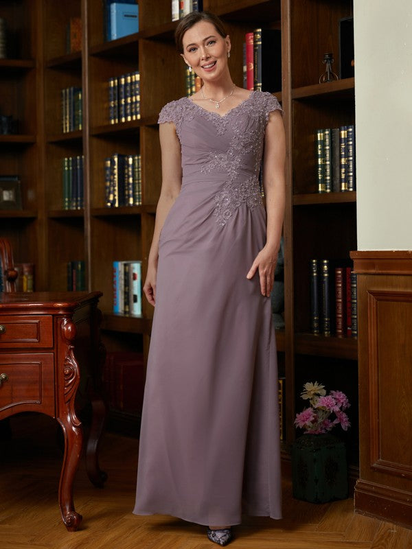 Laci Sheath/Column Chiffon Lace V-neck Short Sleeves Floor-Length Mother of the Bride Dresses HLP0020339