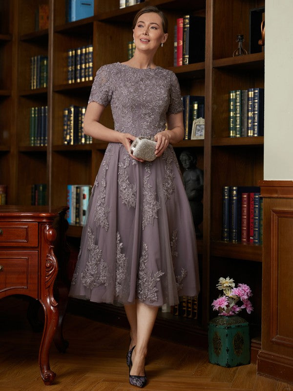 Janice A-Line/Princess Chiffon Lace Scoop Short Sleeves Tea-Length Mother of the Bride Dresses HLP0020302