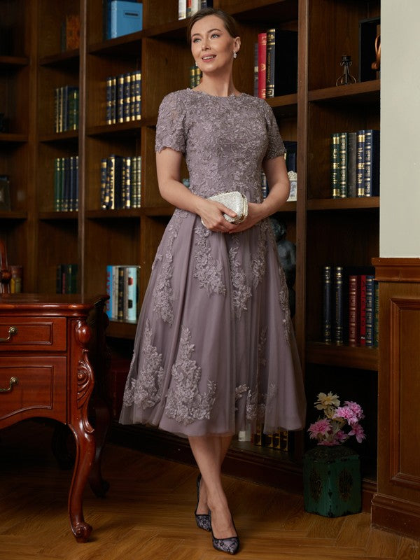 Janice A-Line/Princess Chiffon Lace Scoop Short Sleeves Tea-Length Mother of the Bride Dresses HLP0020302