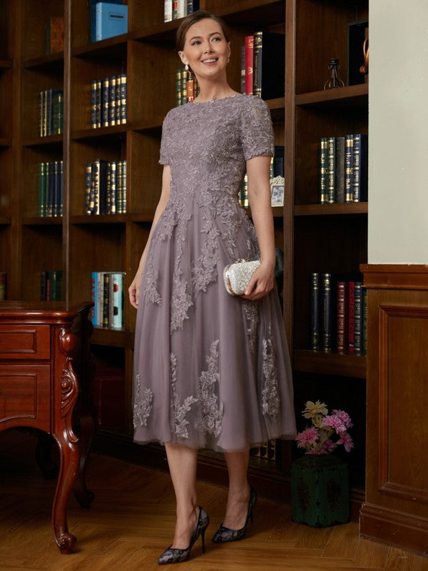 Janice A-Line/Princess Chiffon Lace Scoop Short Sleeves Tea-Length Mother of the Bride Dresses HLP0020302