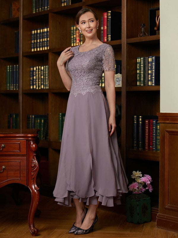 Elise A-Line/Princess Chiffon Lace Scoop Short Sleeves Ankle-Length Mother of the Bride Dresses HLP0020353