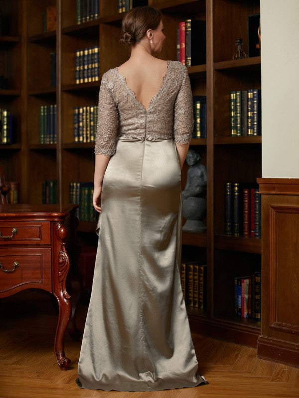 India A-Line/Princess Silk Like Satin Lace V-neck 3/4 Sleeves Sweep/Brush Train Mother of the Bride Dresses HLP0020342