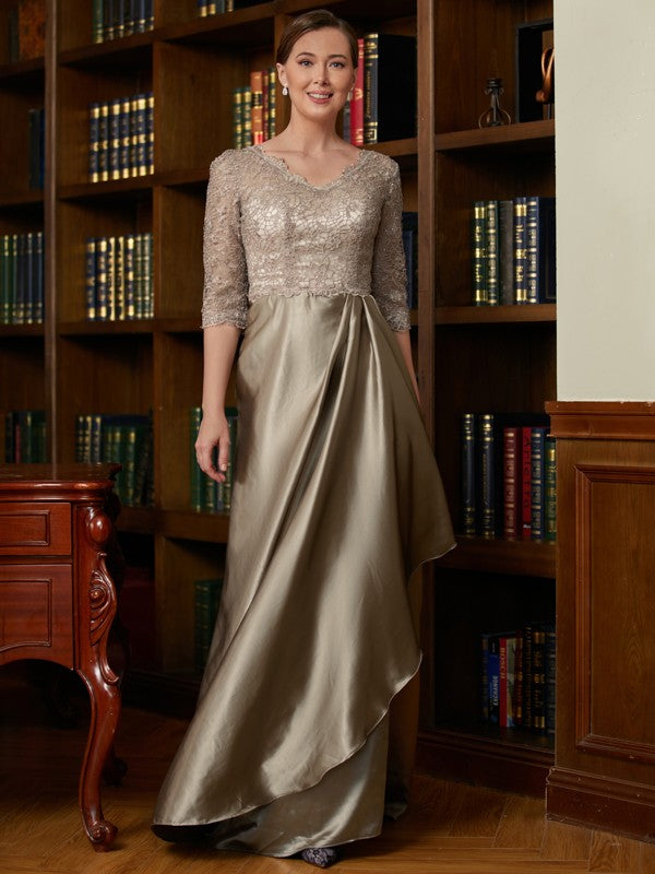 India A-Line/Princess Silk Like Satin Lace V-neck 3/4 Sleeves Sweep/Brush Train Mother of the Bride Dresses HLP0020342