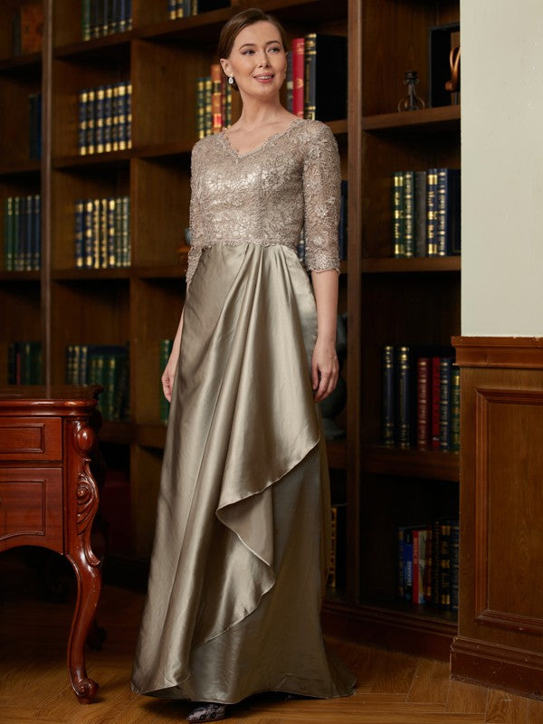 India A-Line/Princess Silk Like Satin Lace V-neck 3/4 Sleeves Sweep/Brush Train Mother of the Bride Dresses HLP0020342