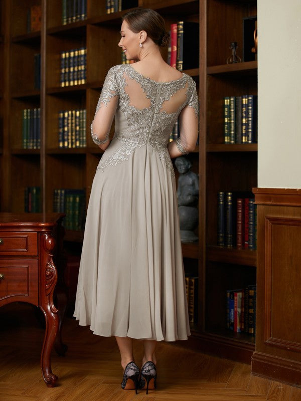 Robin A-Line/Princess Chiffon Lace Scoop 3/4 Sleeves Tea-Length Mother of the Bride Dresses HLP0020300