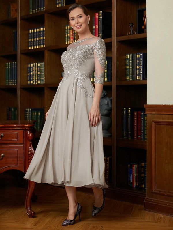 Robin A-Line/Princess Chiffon Lace Scoop 3/4 Sleeves Tea-Length Mother of the Bride Dresses HLP0020300