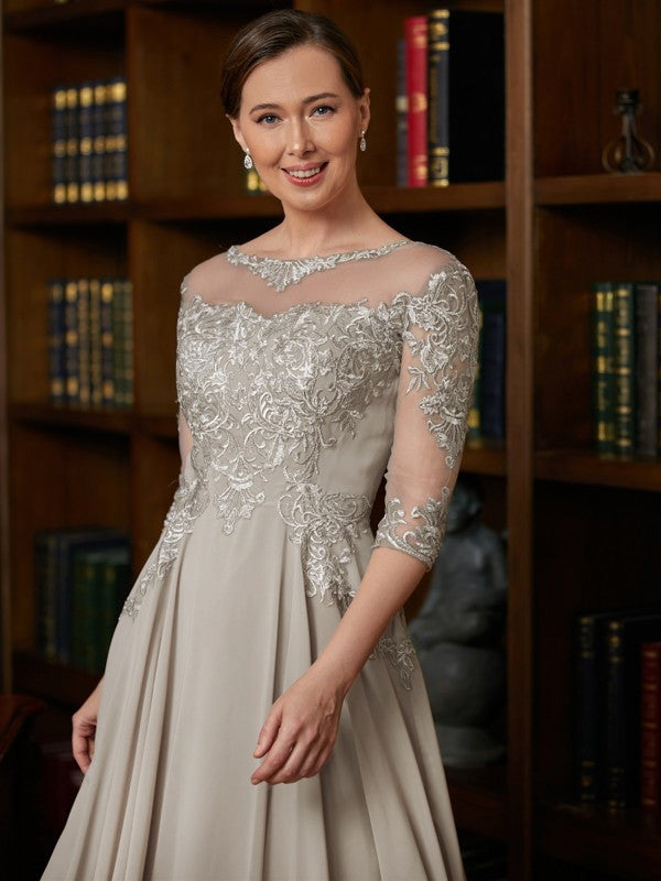 Robin A-Line/Princess Chiffon Lace Scoop 3/4 Sleeves Tea-Length Mother of the Bride Dresses HLP0020300