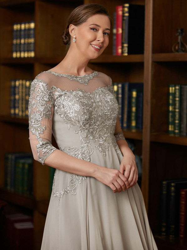 Robin A-Line/Princess Chiffon Lace Scoop 3/4 Sleeves Tea-Length Mother of the Bride Dresses HLP0020300