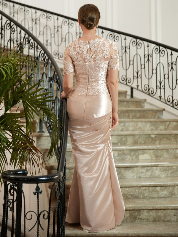 Chanel Sheath/Column Satin Lace Sweetheart Short Sleeves Floor-Length Mother of the Bride Dresses HLP0020314