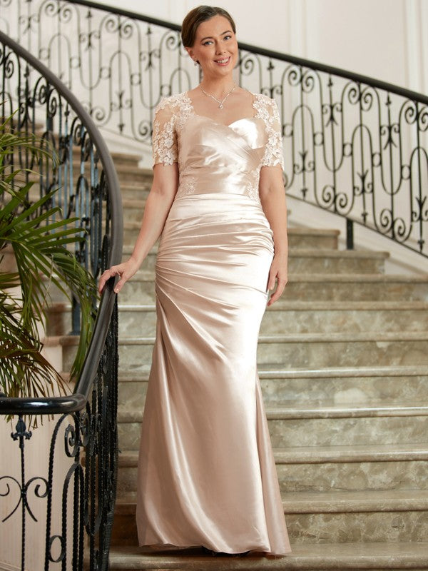 Chanel Sheath/Column Satin Lace Sweetheart Short Sleeves Floor-Length Mother of the Bride Dresses HLP0020314