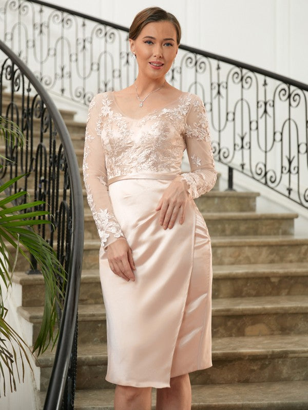 Lesly Sheath/Column Satin Lace V-neck Long Sleeves Knee-Length Mother of the Bride Dresses HLP0020359