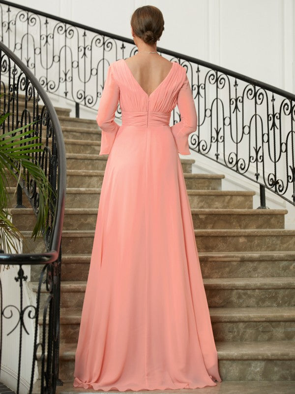 Miriam A-Line/Princess Chiffon Ruched V-neck Long Sleeves Sweep/Brush Train Mother of the Bride Dresses HLP0020305