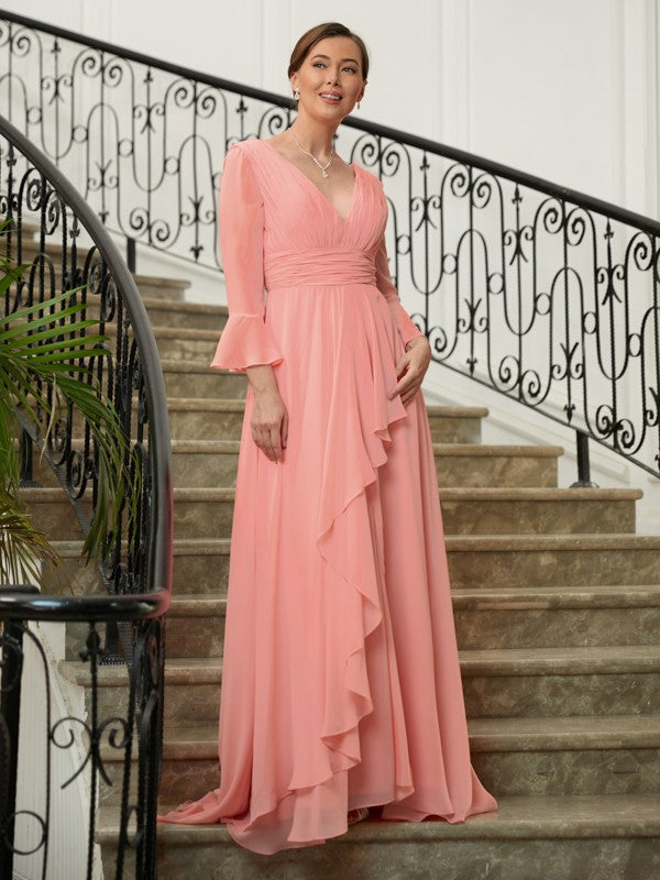 Miriam A-Line/Princess Chiffon Ruched V-neck Long Sleeves Sweep/Brush Train Mother of the Bride Dresses HLP0020305