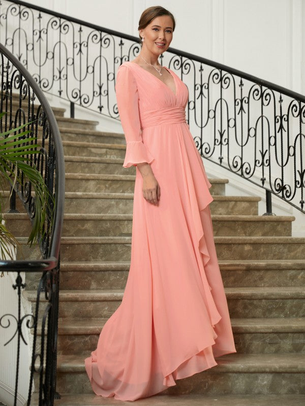 Miriam A-Line/Princess Chiffon Ruched V-neck Long Sleeves Sweep/Brush Train Mother of the Bride Dresses HLP0020305