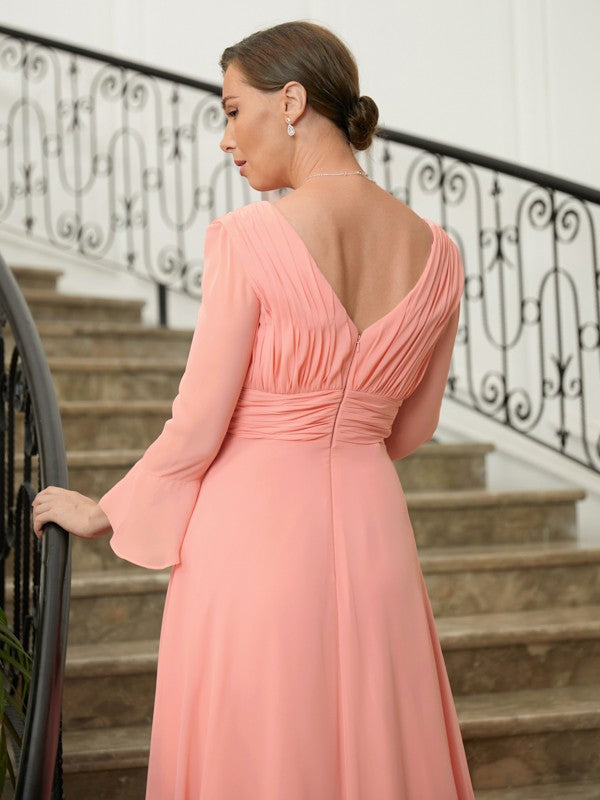 Miriam A-Line/Princess Chiffon Ruched V-neck Long Sleeves Sweep/Brush Train Mother of the Bride Dresses HLP0020305