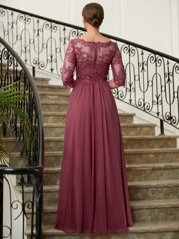 Joselyn A-Line/Princess Chiffon Lace V-neck 3/4 Sleeves Floor-Length Mother of the Bride Dresses HLP0020306