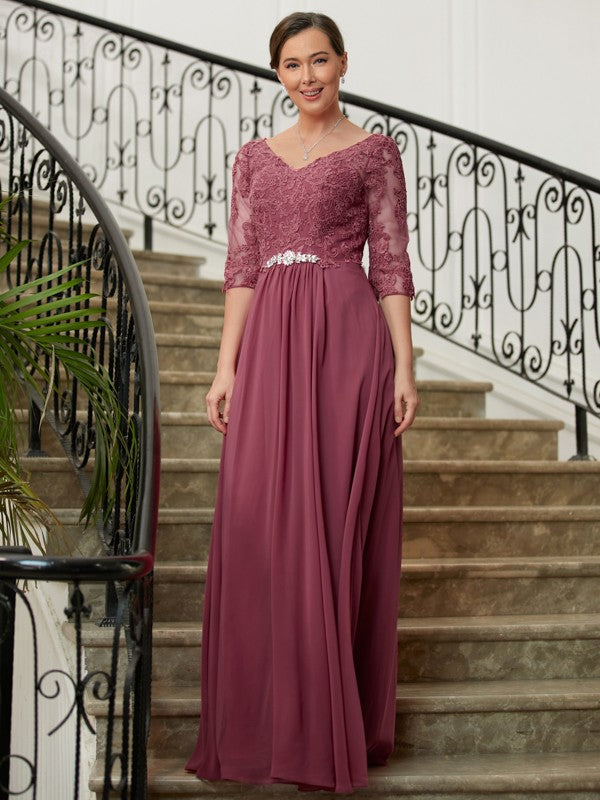 Joselyn A-Line/Princess Chiffon Lace V-neck 3/4 Sleeves Floor-Length Mother of the Bride Dresses HLP0020306