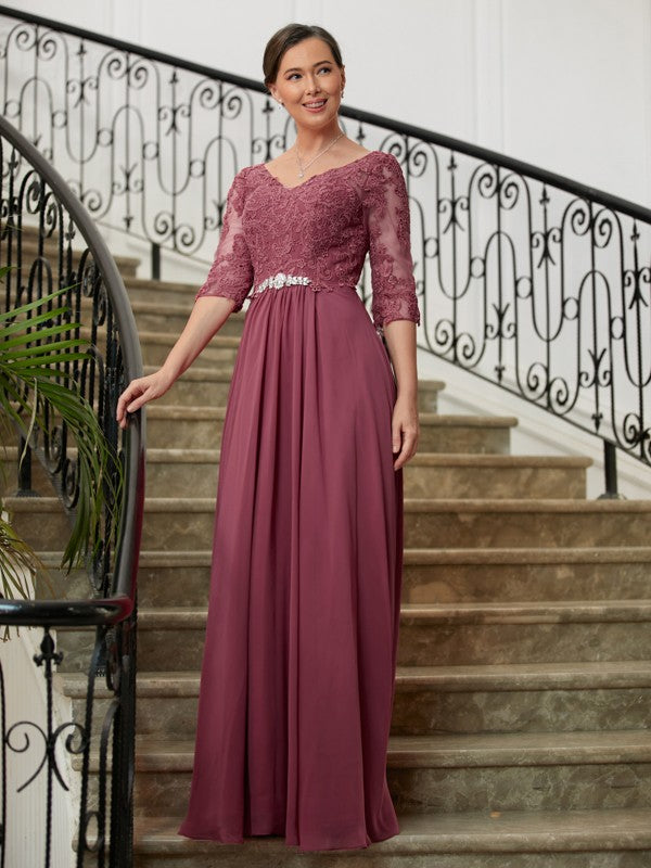 Joselyn A-Line/Princess Chiffon Lace V-neck 3/4 Sleeves Floor-Length Mother of the Bride Dresses HLP0020306