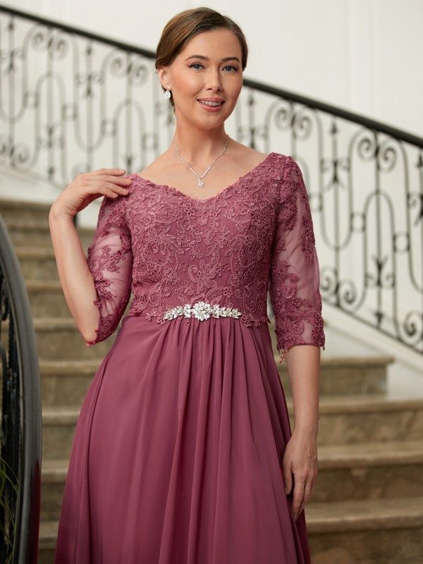 Joselyn A-Line/Princess Chiffon Lace V-neck 3/4 Sleeves Floor-Length Mother of the Bride Dresses HLP0020306