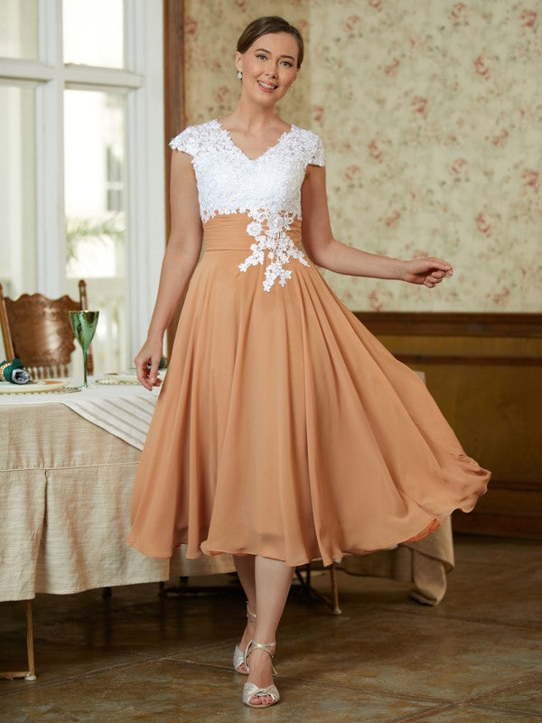 Clara A-Line/Princess Chiffon Lace V-neck Sleeveless Tea-Length Mother of the Bride Dresses HLP0020364