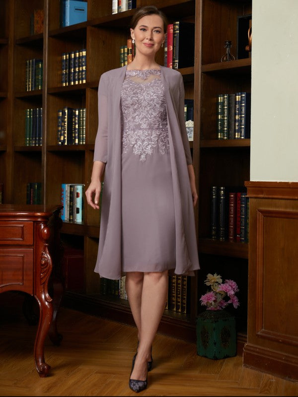 Emery Sheath/Column Chiffon Lace Scoop Short Sleeves Knee-Length Mother of the Bride Dresses HLP0020316