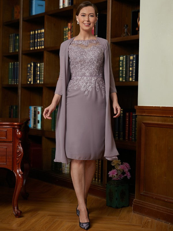 Emery Sheath/Column Chiffon Lace Scoop Short Sleeves Knee-Length Mother of the Bride Dresses HLP0020316