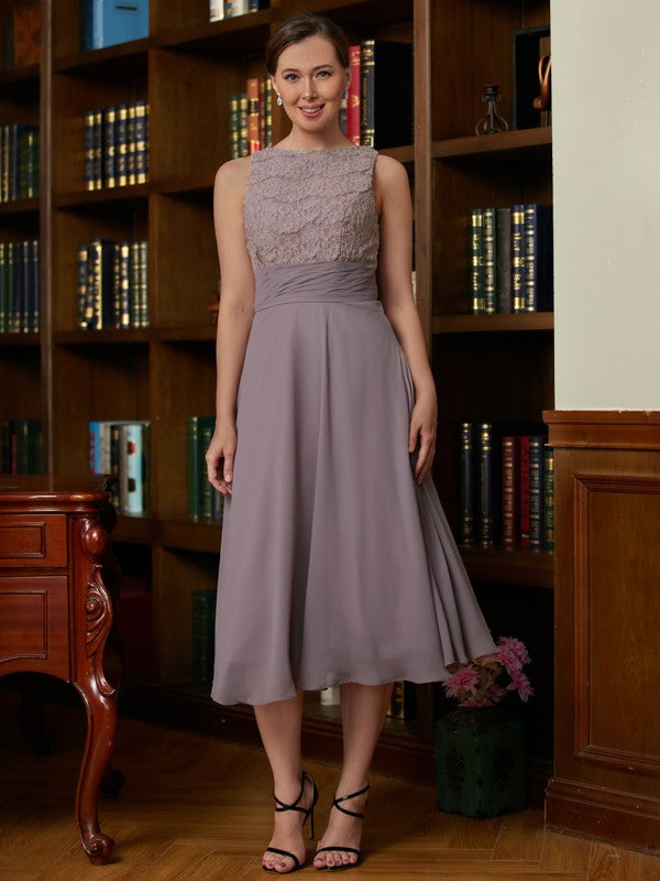 Elaine A-Line/Princess Chiffon Lace Scoop Sleeveless Tea-Length Mother of the Bride Dresses HLP0020366