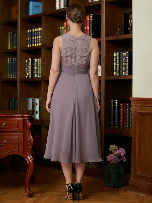 Elaine A-Line/Princess Chiffon Lace Scoop Sleeveless Tea-Length Mother of the Bride Dresses HLP0020366