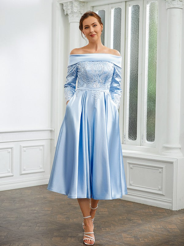 Yvonne A-Line/Princess Elastic Woven Satin Ruched Off-the-Shoulder Long Sleeves Tea-Length Mother of the Bride Dresses HLP0020269