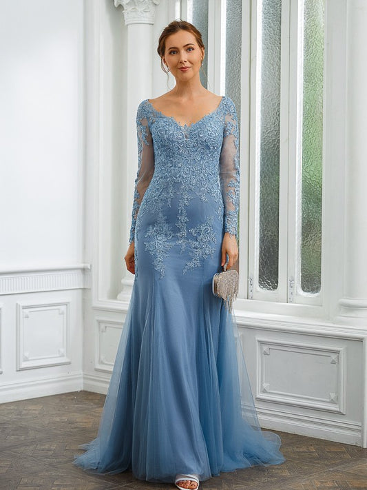 Maya Sheath/Column Tulle Applique V-neck Long Sleeves Sweep/Brush Train Mother of the Bride Dresses HLP0020244