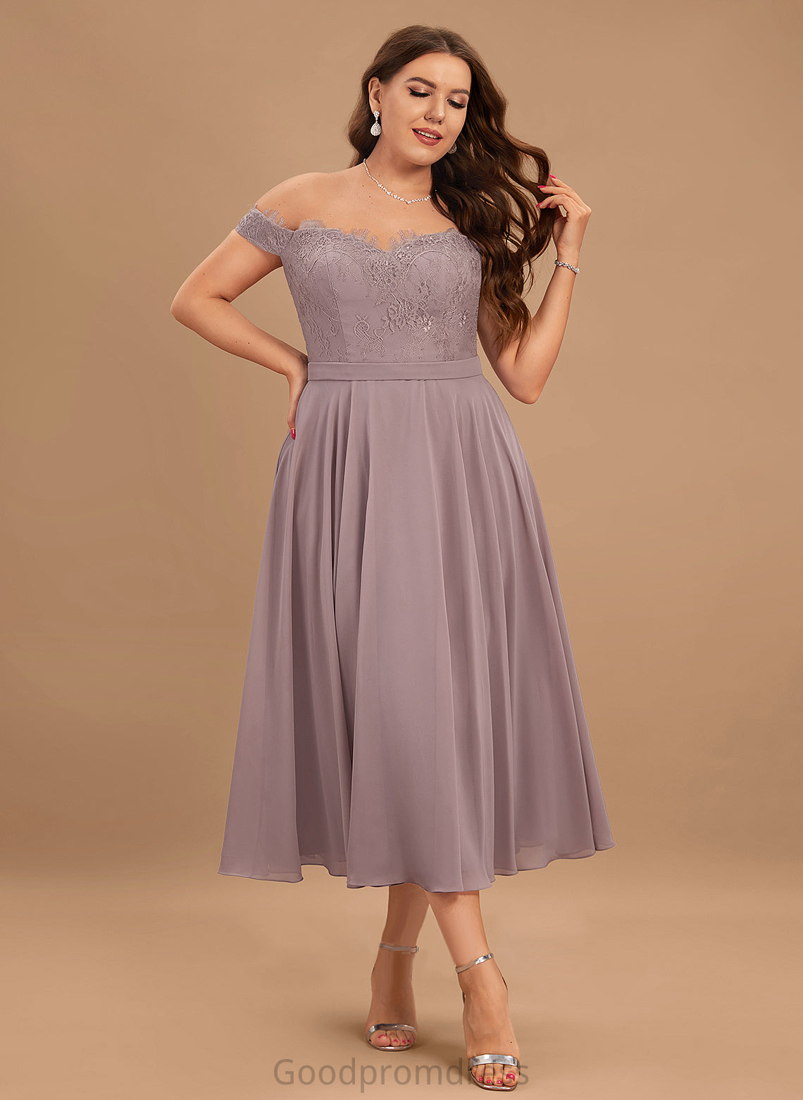 Lace Cocktail Off-the-Shoulder A-Line Chiffon Cocktail Dresses With Tea-Length Finley Dress Beading