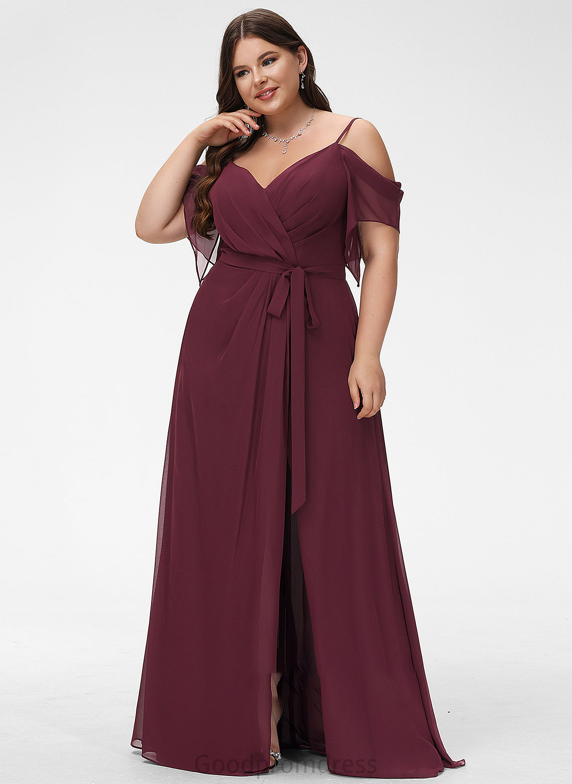 A-Line Front Sophie Prom Dresses V-neck Floor-Length Split With Ruffle