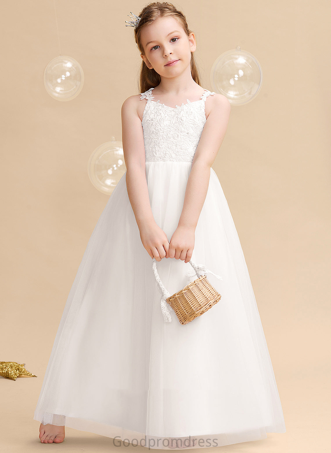 Tulle/Lace Flower Charlize Sleeveless Flower Girl Dresses Ball-Gown/Princess With Floor-length Girl Beading/Bow(s) - V-neck Dress