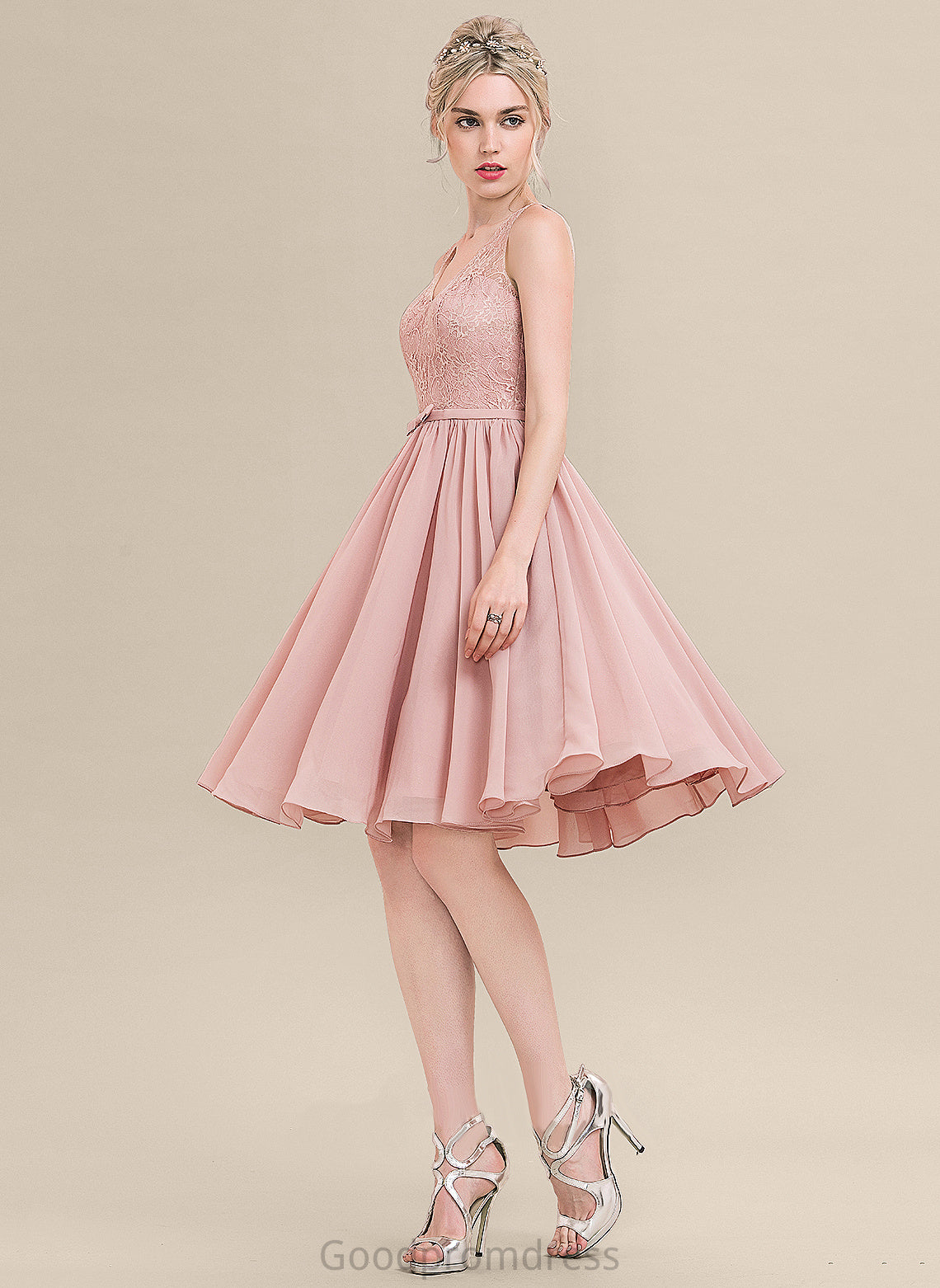 V-neck Knee-Length With A-Line Homecoming Chiffon Bow(s) Homecoming Dresses Lace Dress Lace Amari