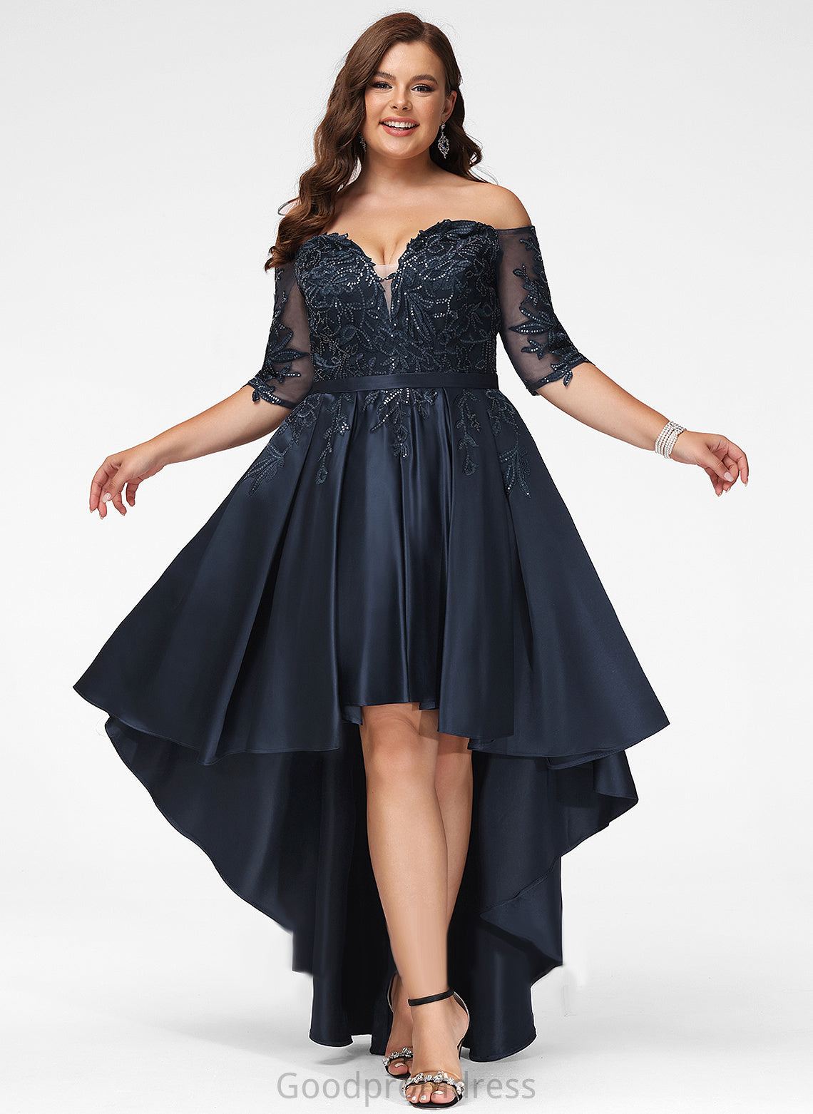 Sequins With Prom Dresses Satin Setlla Lace A-Line Off-the-Shoulder Asymmetrical