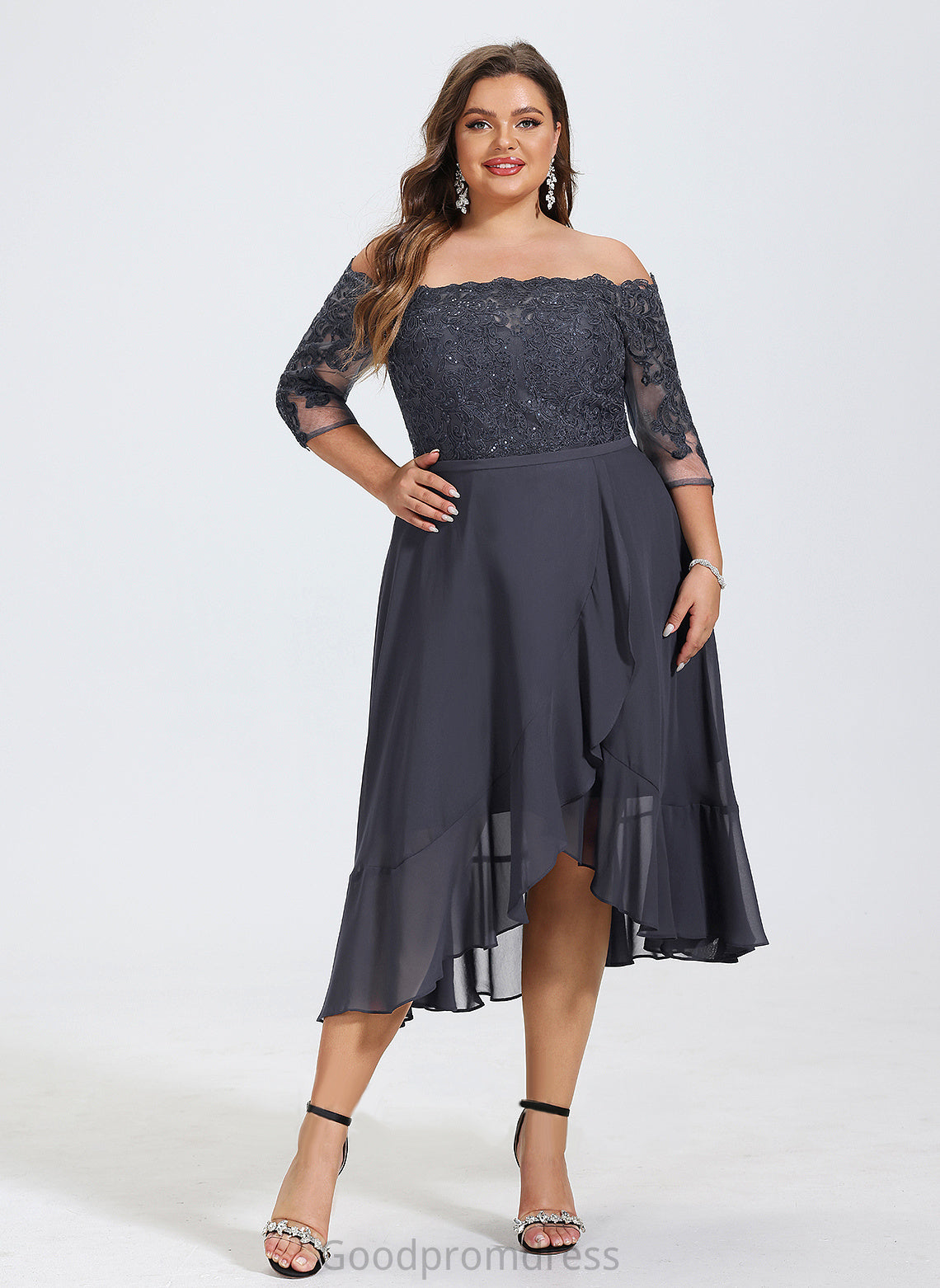 Sequins With Asymmetrical Nathalie Cocktail Dresses Off-the-Shoulder Chiffon A-Line Dress Cocktail Lace