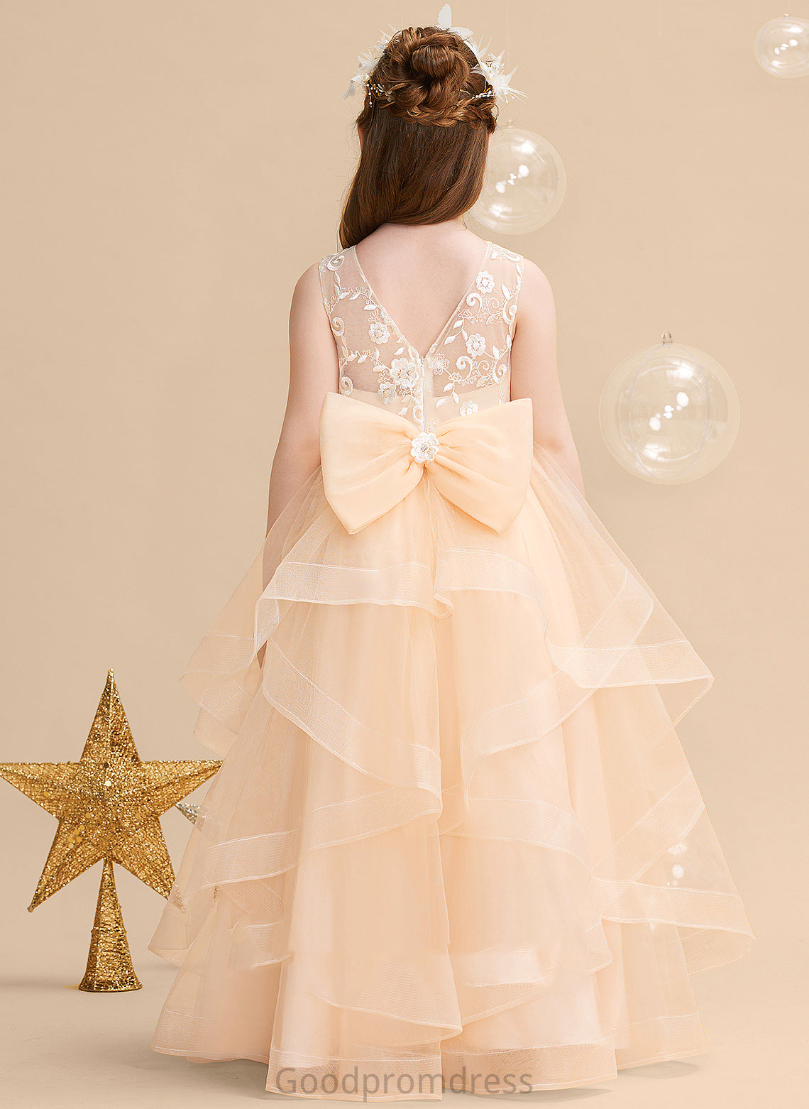 Dress Back Floor-length With Ball-Gown/Princess - Flower Girl Dresses Scalloped Emilee Flower Girl Sleeveless Neck Tulle Lace/Flower(s)/Bow(s)/V