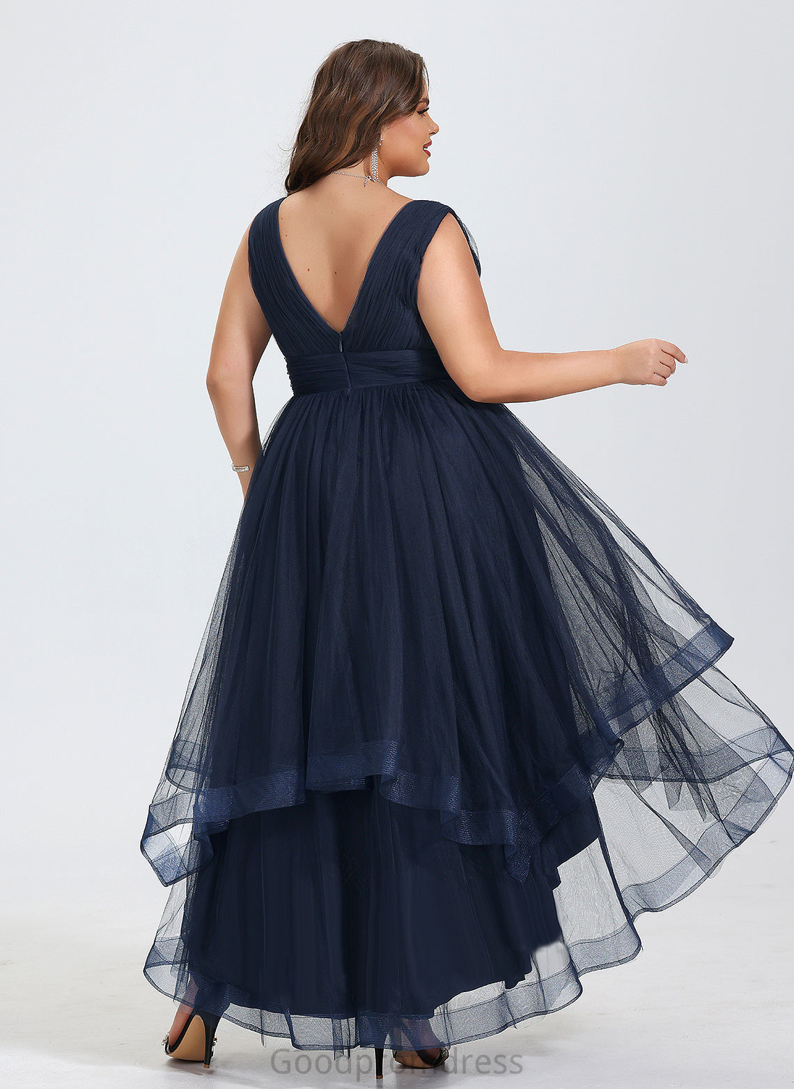 Ruffles Asymmetrical With Gemma A-Line Cocktail Cascading Pleated Tulle Dress Cocktail Dresses V-neck