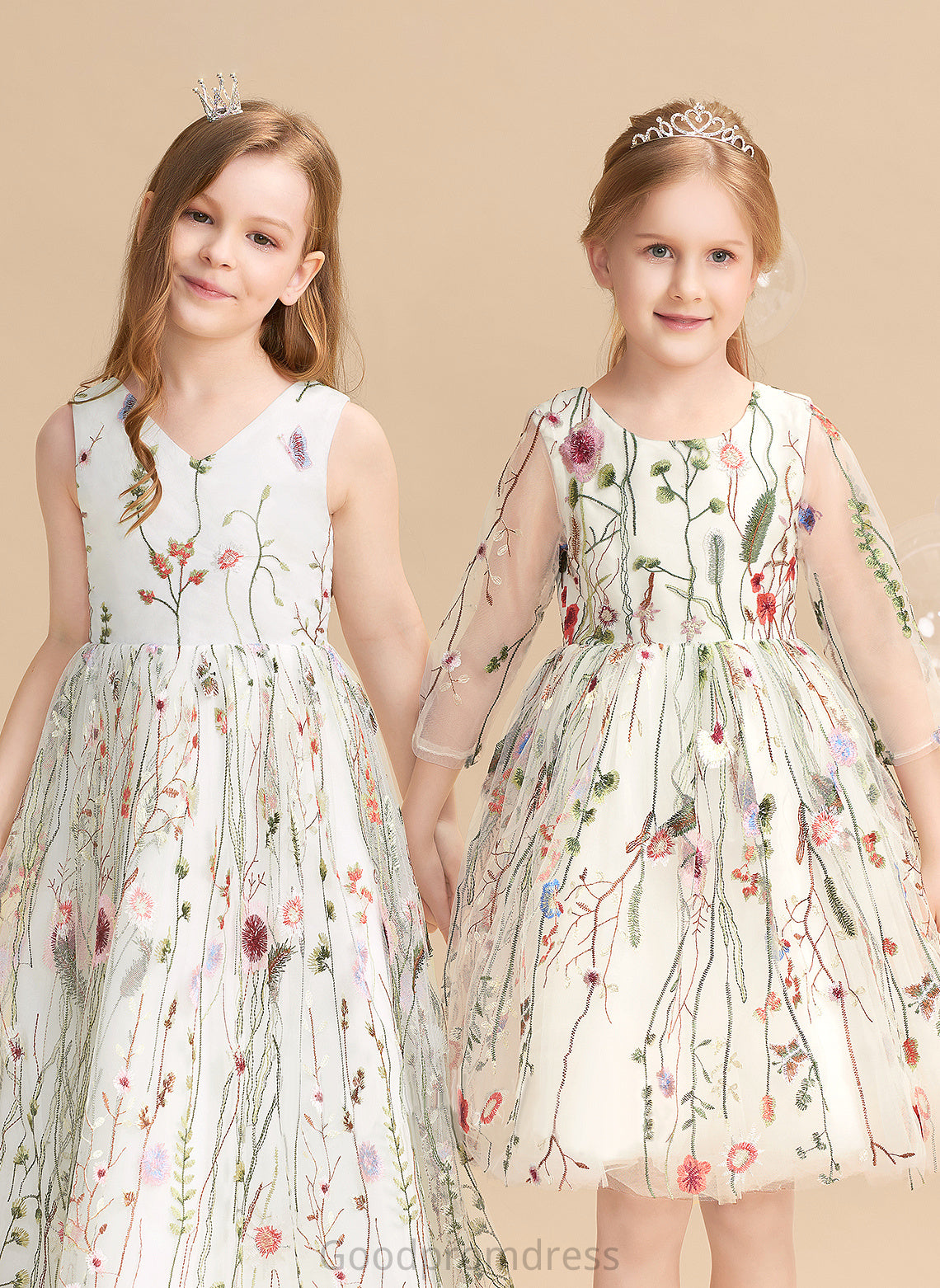 A-Line Dress Flower Girl Dresses With Flower(s)/Bow(s) - Girl Sleeveless Floor-length V-neck Denise Jacquard Flower