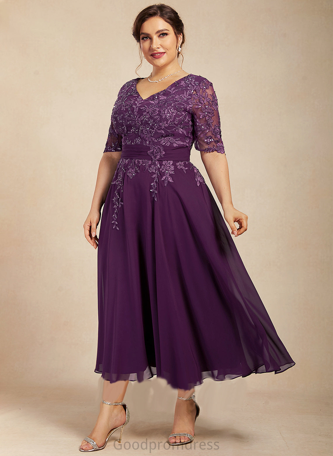 Janelle A-Line Mother V-neck Mother of the Bride Dresses Lace the Sequins Bride Tea-Length of Chiffon With Dress