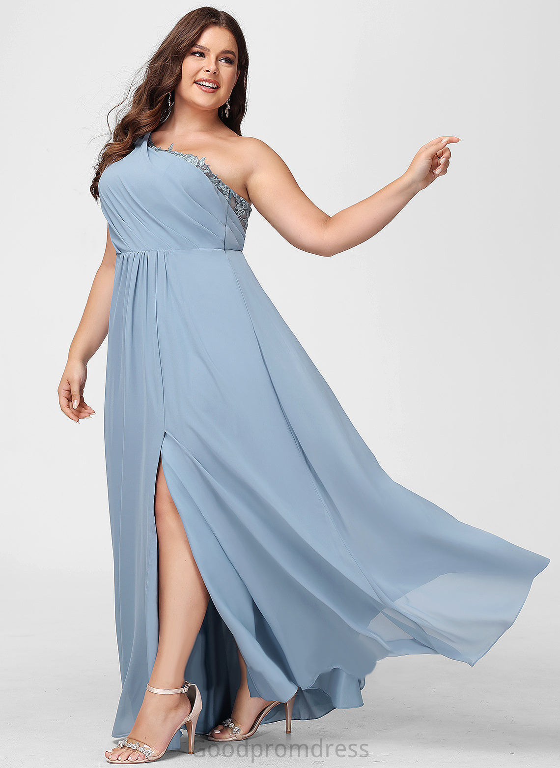 Sequins Silhouette One-Shoulder Neckline Embellishment Length A-Line Floor-Length Lace Fabric Molly Cap Sleeves Bridesmaid Dresses