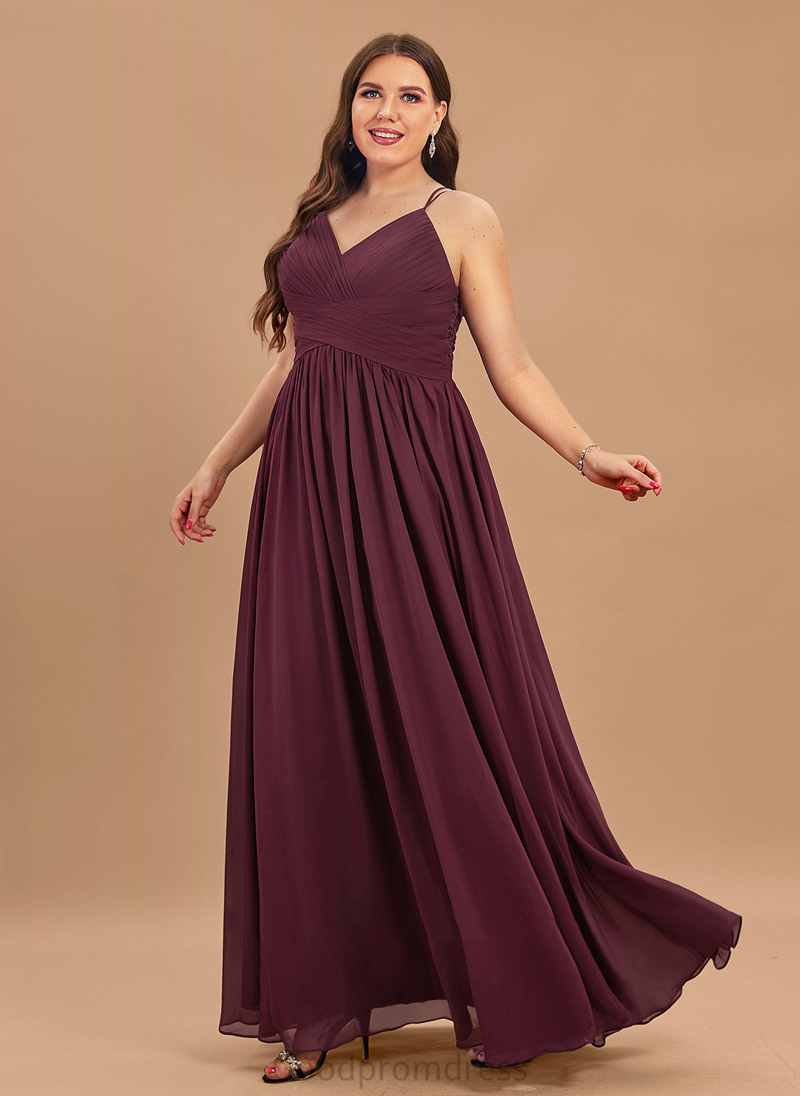 Lace With Prom Dresses A-Line V-neck Chiffon Floor-Length Ruffle Claudia