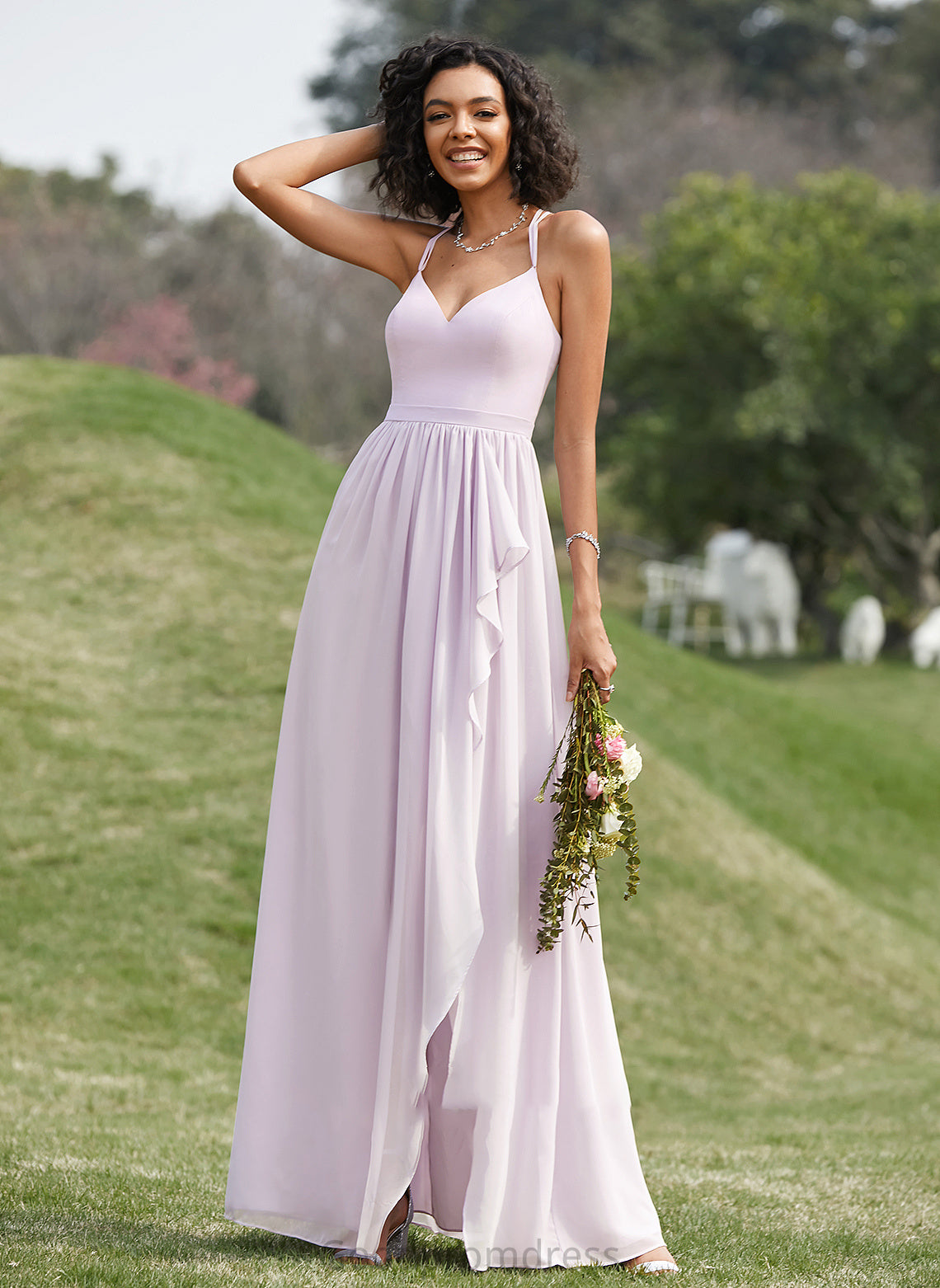 Neckline A-Line Ruffle V-neck SplitFront Embellishment Fabric Silhouette Asymmetrical Length Kylie V-Neck Bridesmaid Dresses