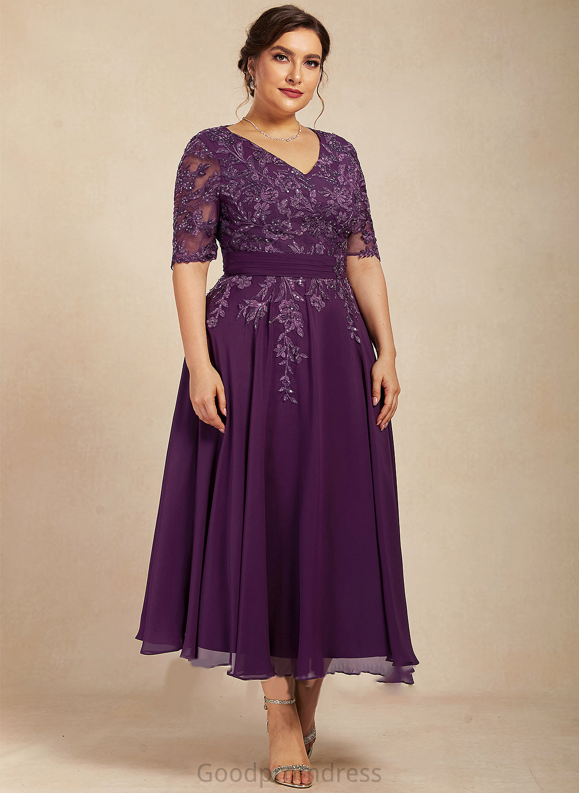 Janelle A-Line Mother V-neck Mother of the Bride Dresses Lace the Sequins Bride Tea-Length of Chiffon With Dress