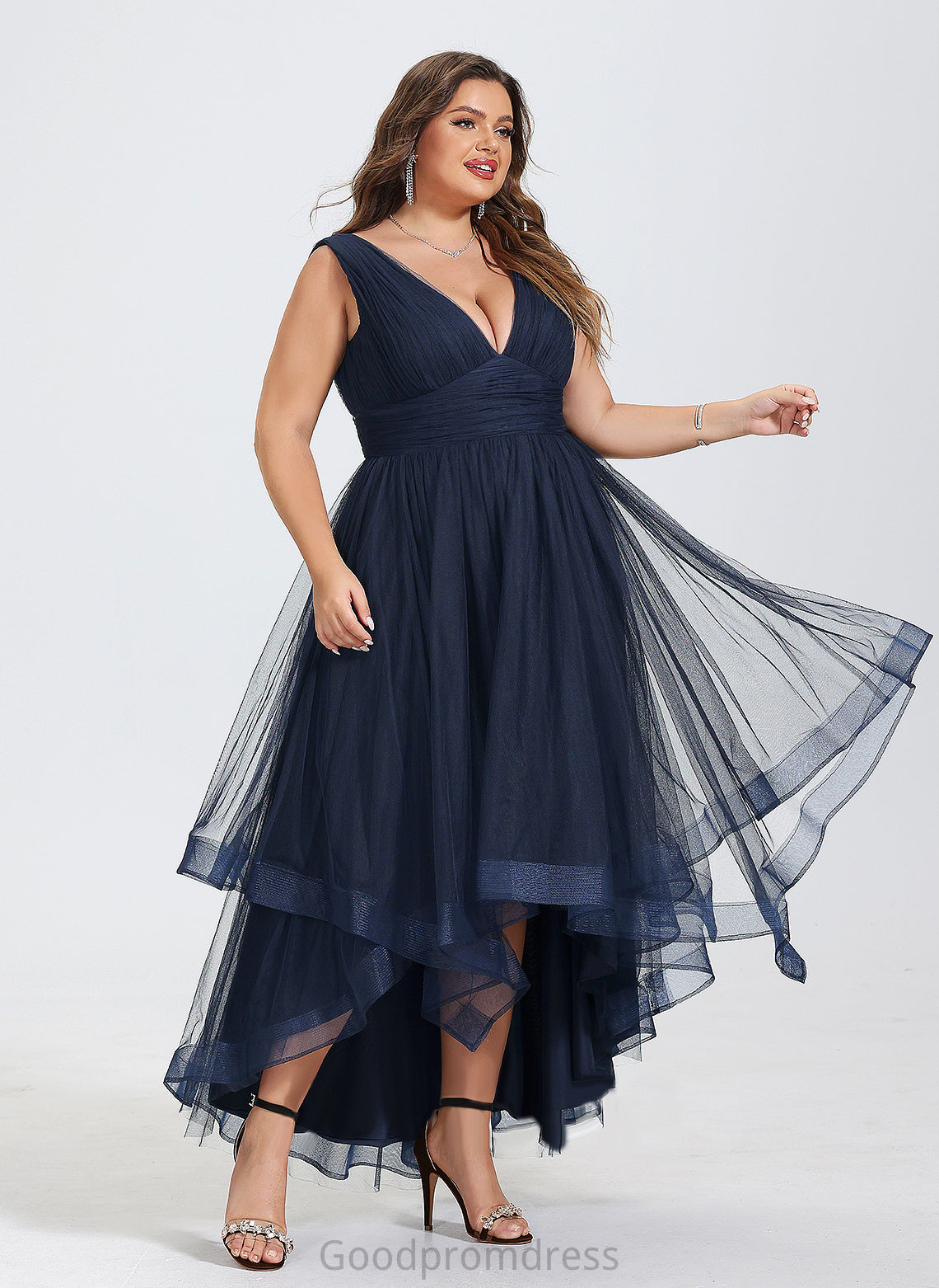 Ruffles Asymmetrical With Gemma A-Line Cocktail Cascading Pleated Tulle Dress Cocktail Dresses V-neck