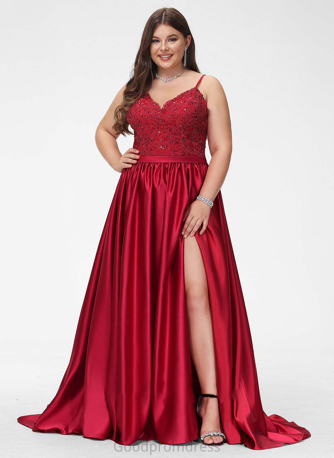 Beading Train Sequins Front With Jocelynn Sweep Ball-Gown/Princess Split V-neck Prom Dresses Satin